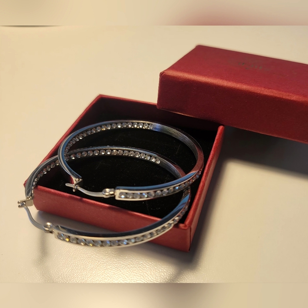 Silver Hoop Earrings with Rhinestones